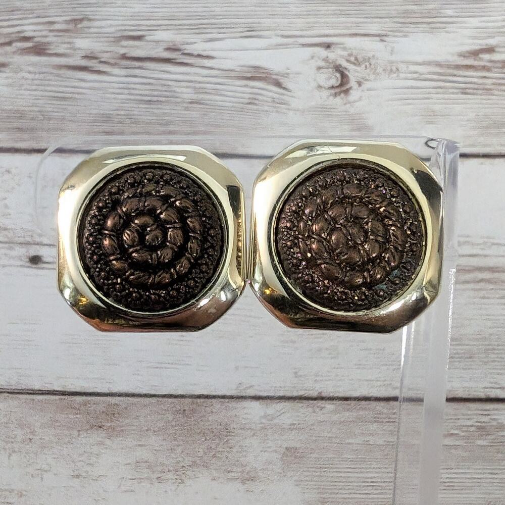 Vintage Clip On Earrings Large Gold Tone and Brown Unusual Statement